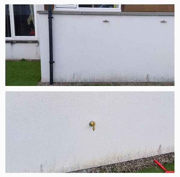 Before and after — JHDS outside tap installation showing the bare external wall and the finished brass tap