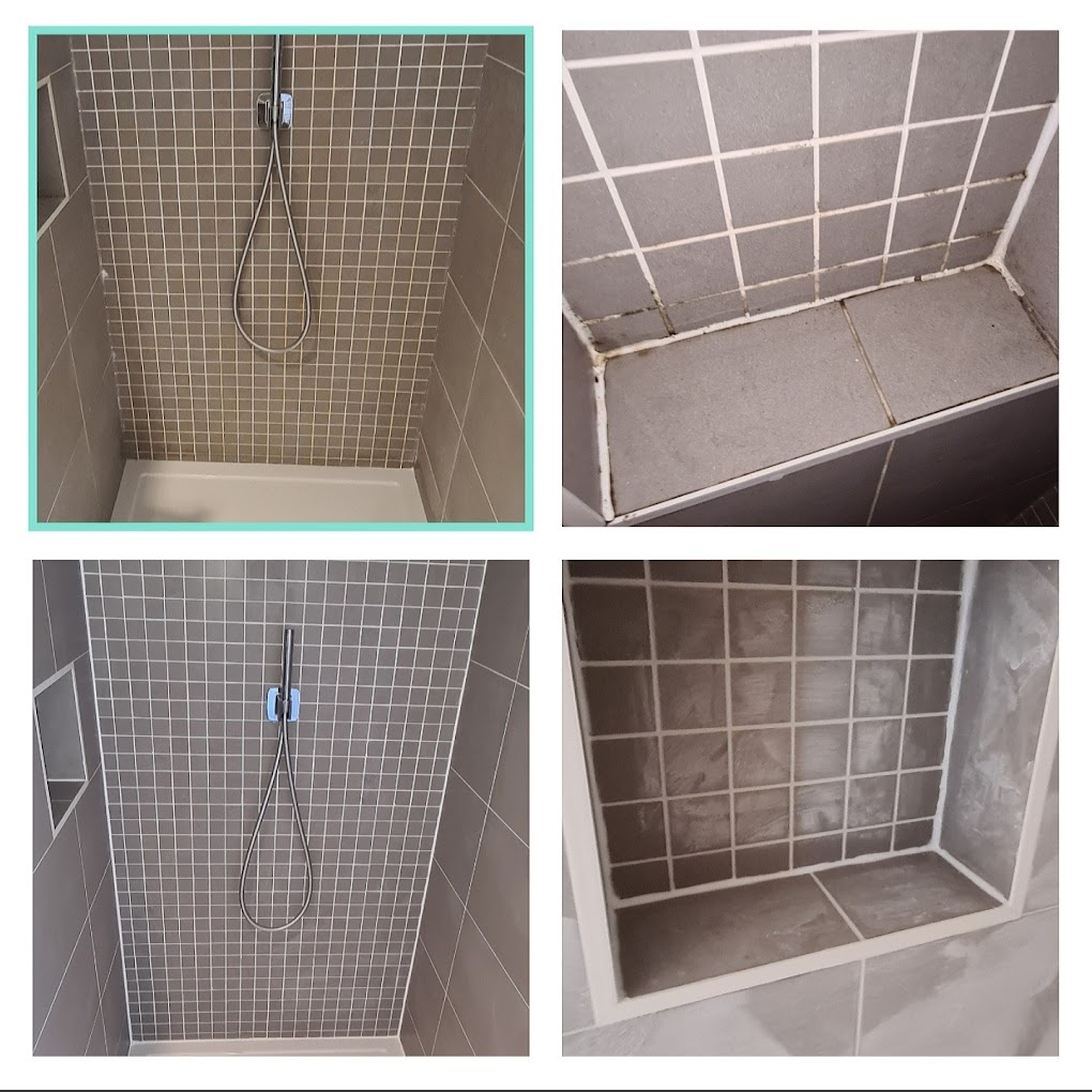 Edinburgh mosaic tile shower before and after regrouting — black mould removed, white grout restored