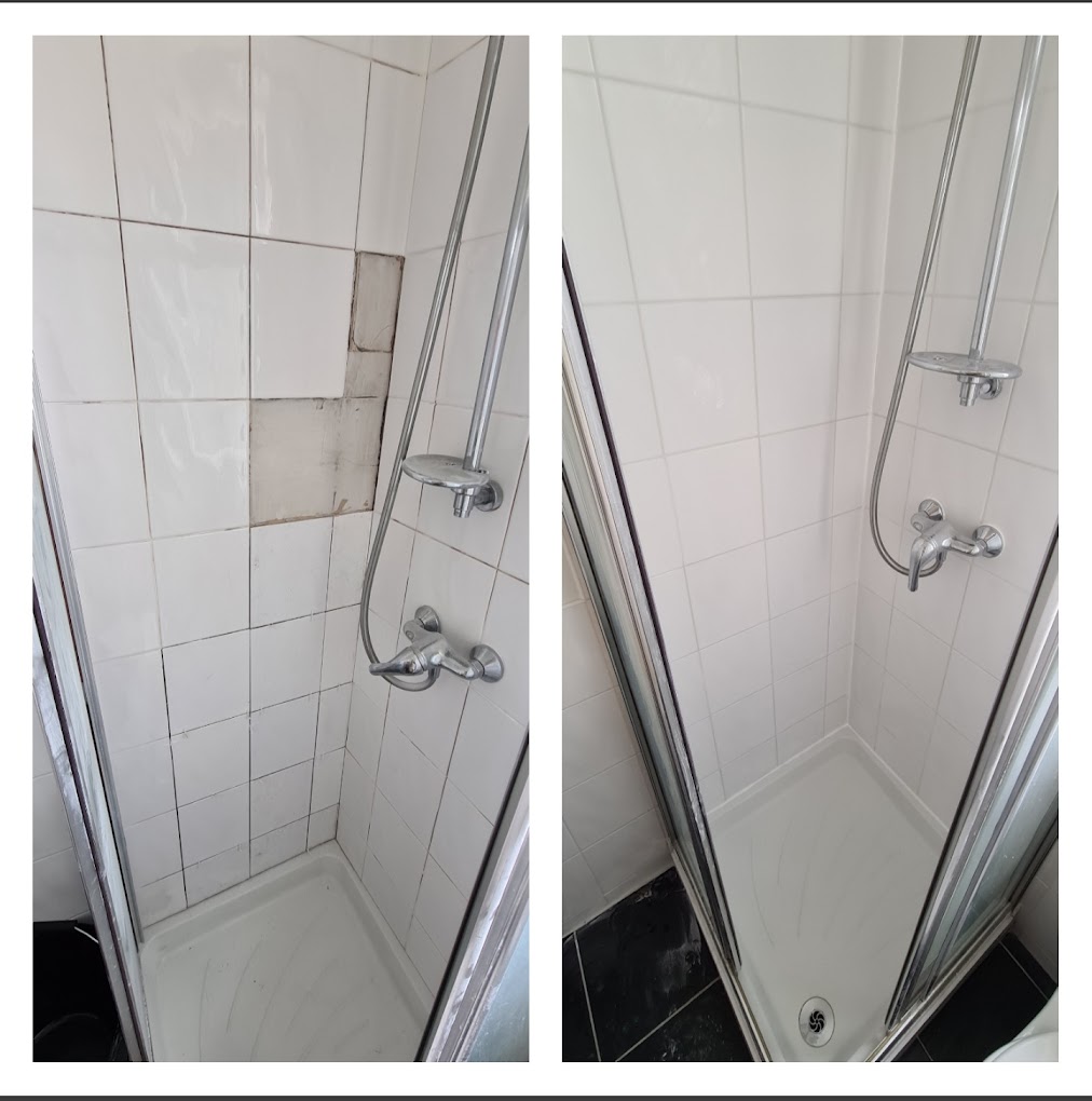 Edinburgh shower enclosure before and after regrouting — mouldy grout removed and replaced