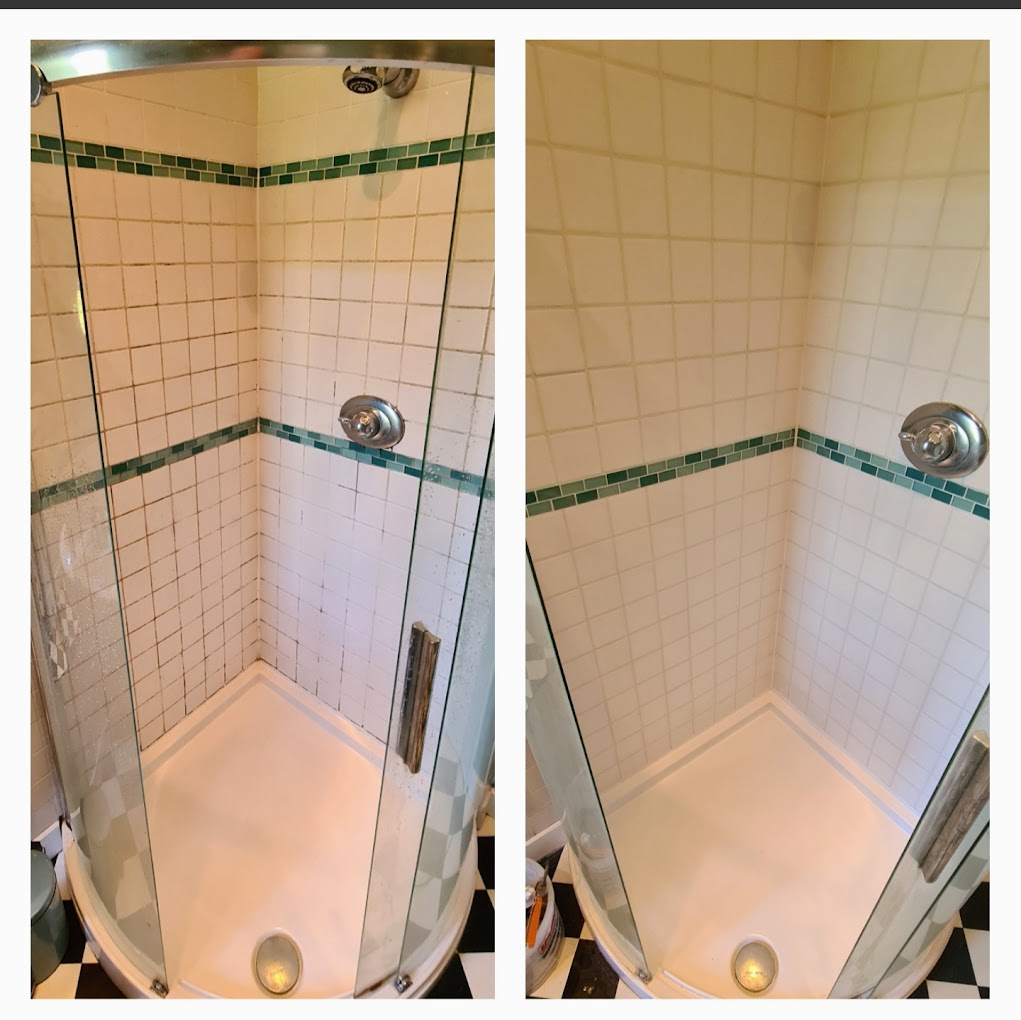 Edinburgh tenement shower before and after regrouting — period green border tiles refreshed